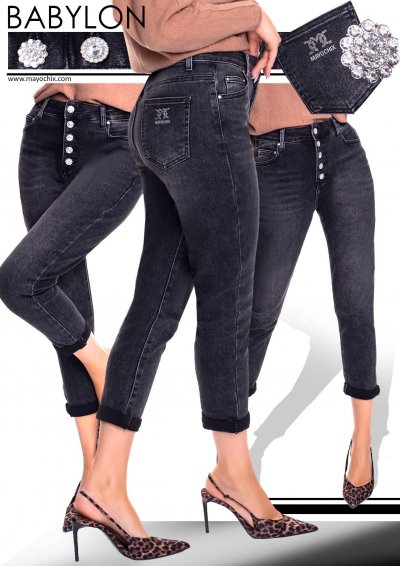 Mayo Chix - Babylon mom fit farmernadrág fekete gombos